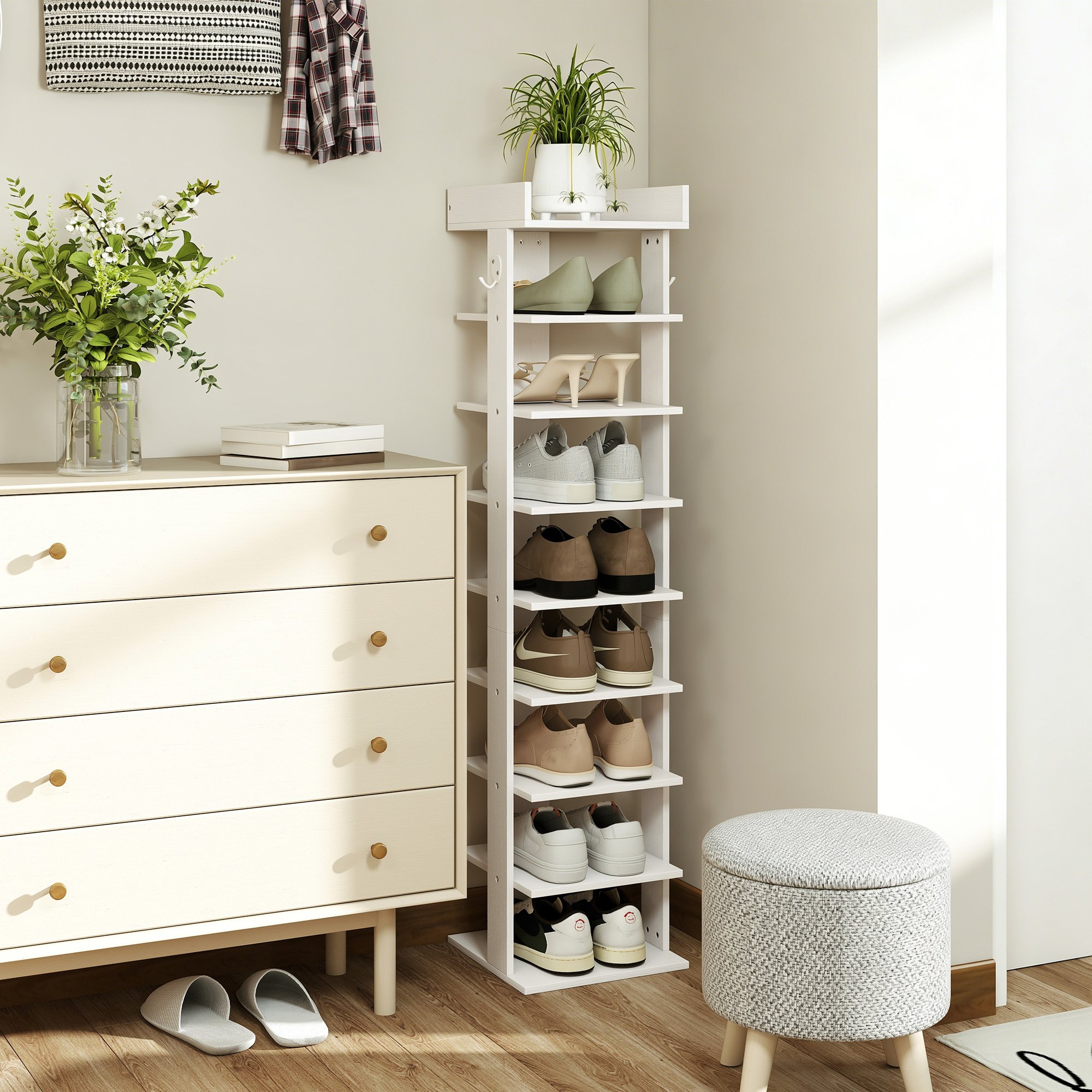 HOMCOM 9 Tier Particleboard Shoe Rack with Top Tray and Guardrail - White - Image 5