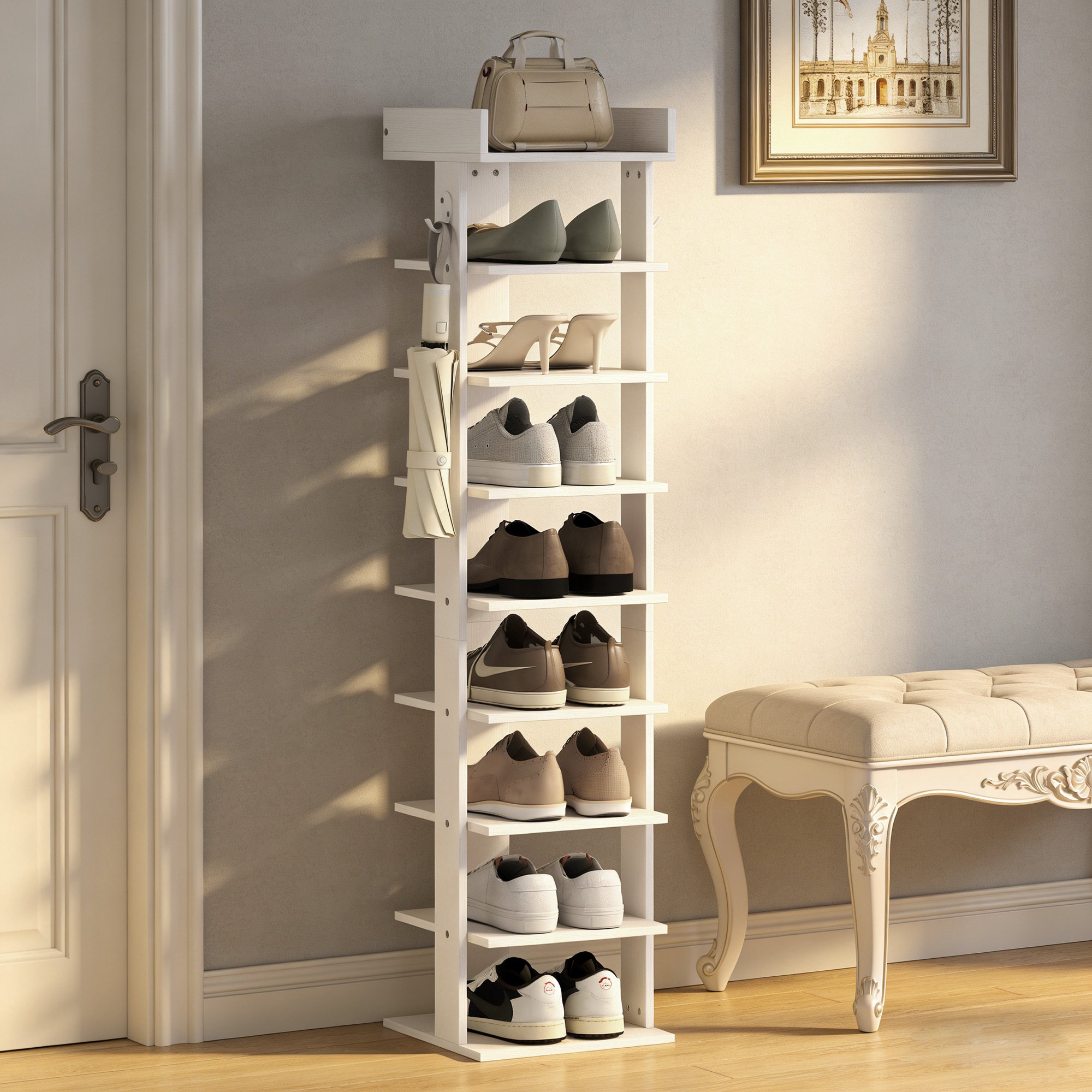 HOMCOM 9 Tier Particleboard Shoe Rack with Top Tray and Guardrail - White - Image 6