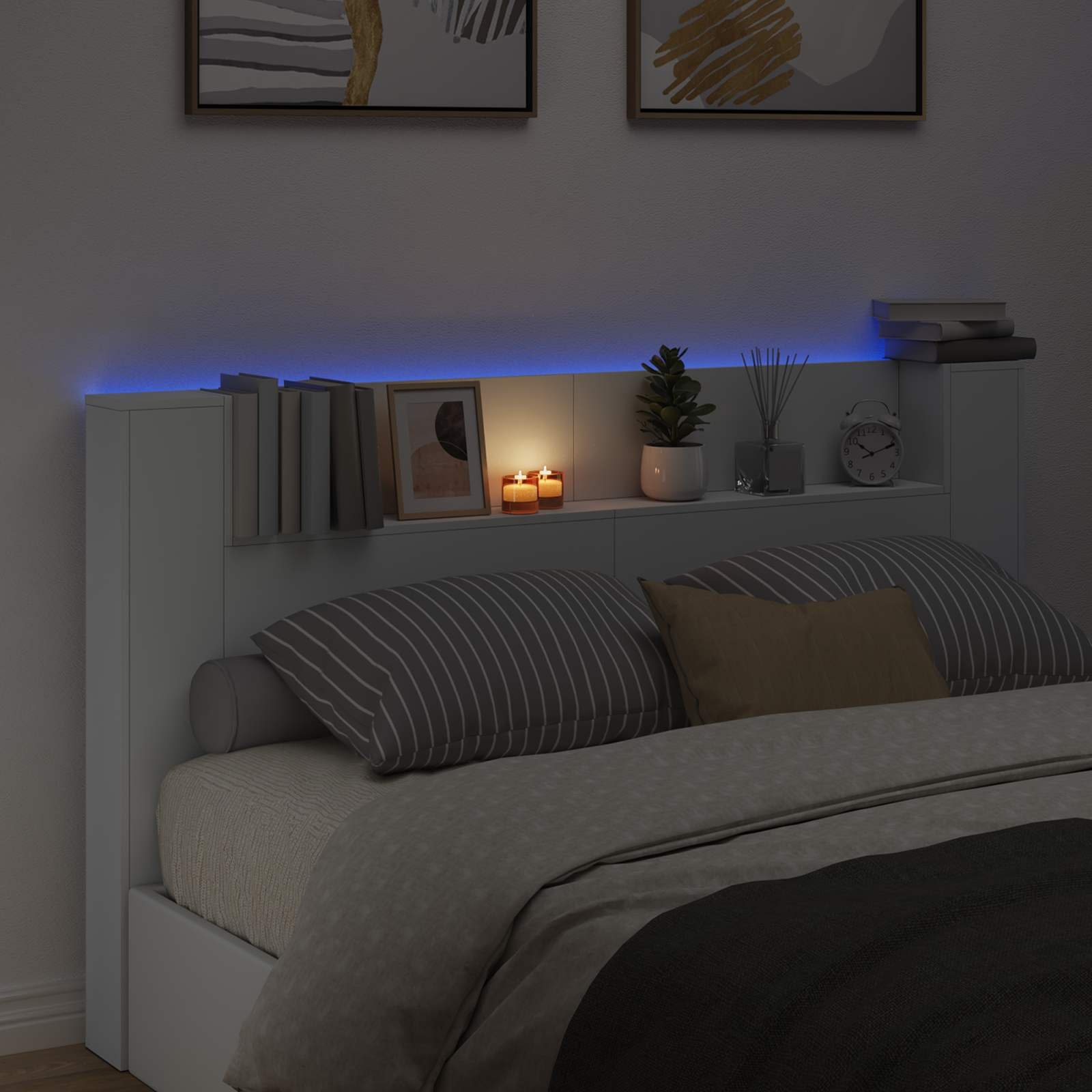 Walplus Engineered Wood LED Storage Headboard - White - 180 x 16.5 x 103.5 cm - Image 4