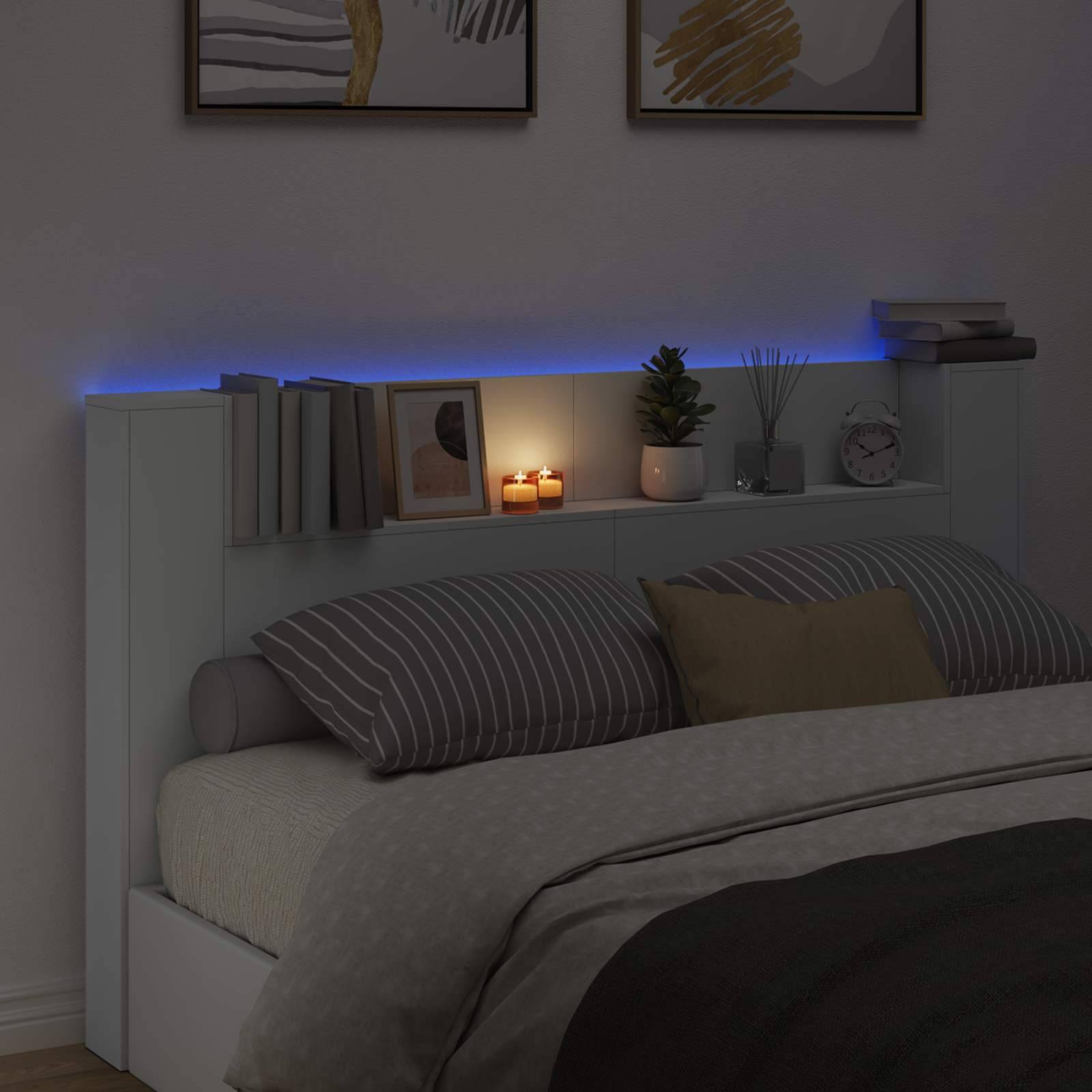 Walplus Engineered Wood LED Storage Headboard - White - 180 x 16.5 x 103.5 cm - Image 4