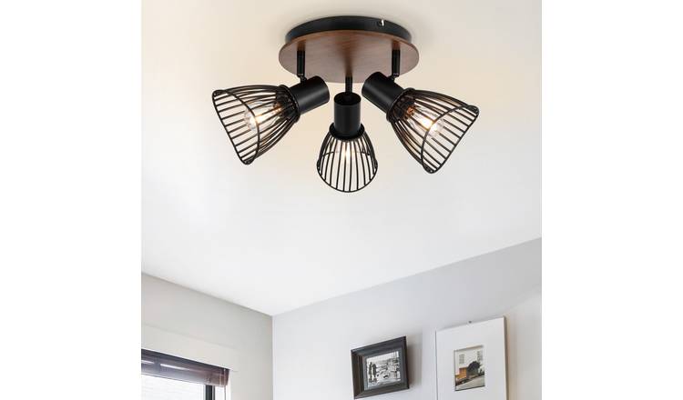 Cosylyte Hadley 3 Light Matt Black Wire Shade Spotlight with Wooden Backplate