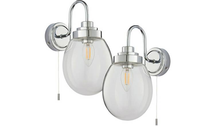 Loops Direct Pack of 2 28cm High Wall Light - Chrome and Clear Glass