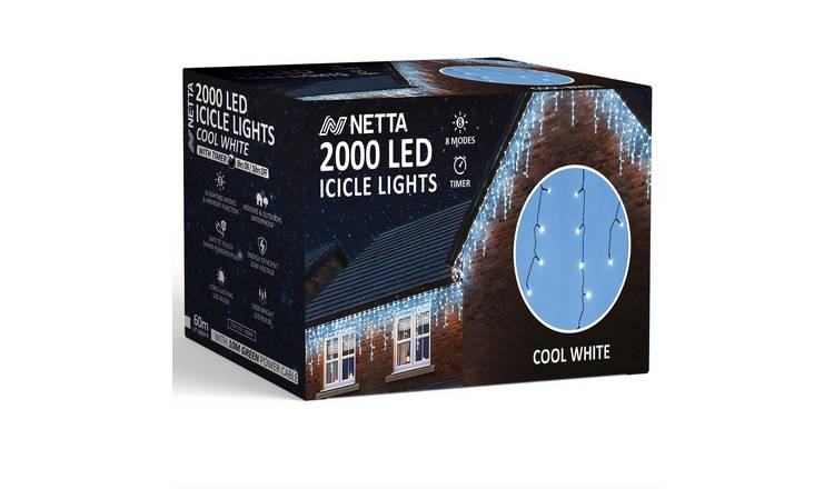 NETTA 60m 2000 LED Outdoor Icicle Christmas Lights with Timer - Cool White