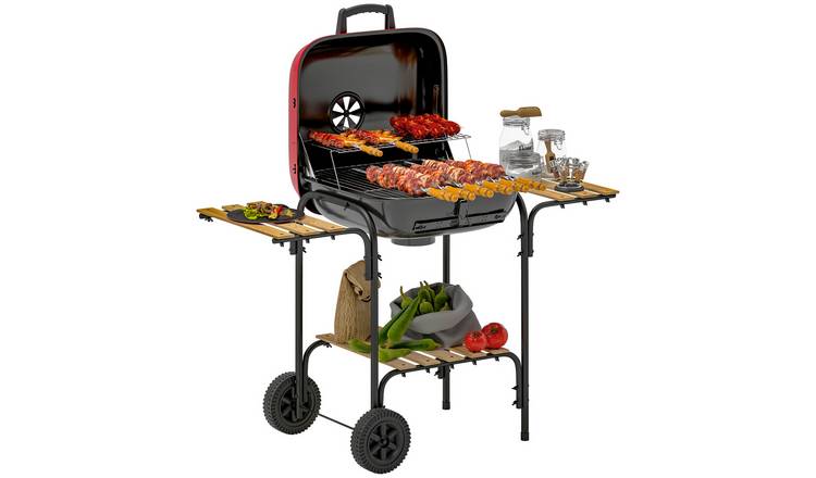 Outsunny Adjustable Portable Garden BBQ Grill with Cooking Area - Red