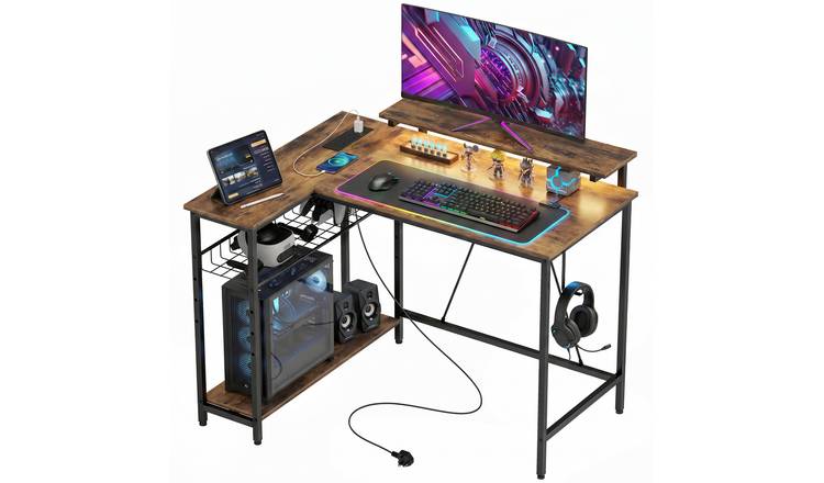 HOMCOM 107cm L Shaped Gaming Desk with LED Lights and power Outlet