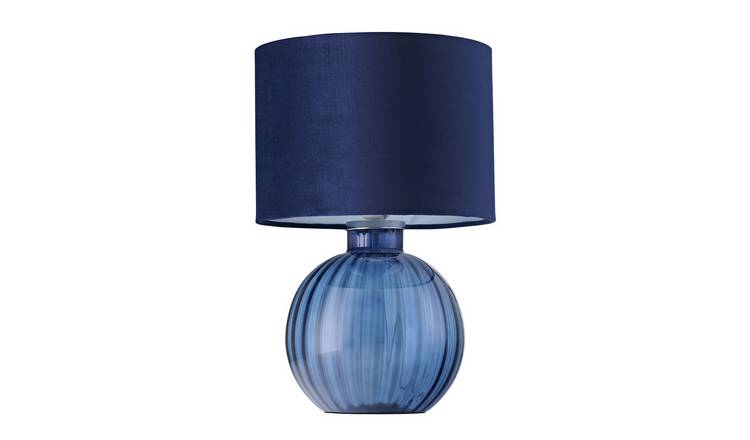 Happy Homewares Midnight Blue Ribbed Glass with Navy Blue Table Lamp - 28cm
