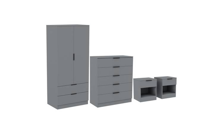 Vida Designs Trega Bedroom Set (Bedsides, 5 Drawer Chest, 2x2 Wardrobe) - Grey