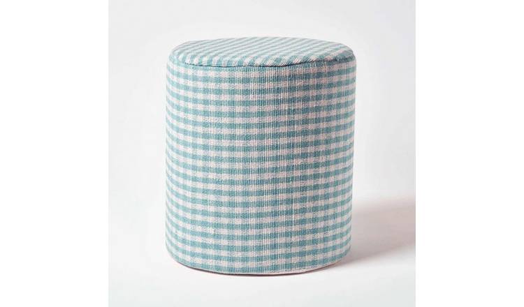 Homescapes Gingham Check Cotton Round Pouffe – 40 x 42 cm – Blue