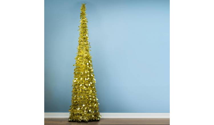 Christmas Tree World 7ft Slim Gold Tinsel Pop-Up Christmas Tree