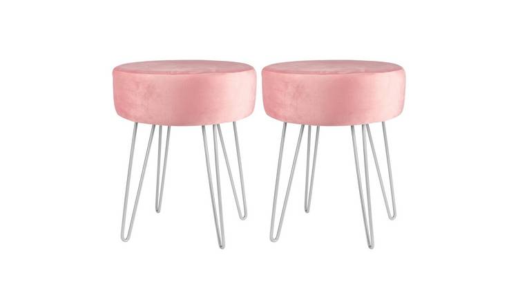 Harbour Housewares Round Velvet Footstools - Pink/Silver - Pack of 2