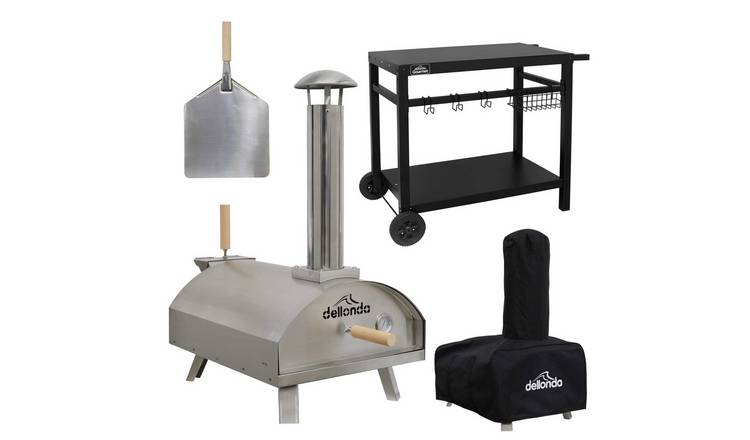 Dellonda Portable Wood-Fired Pizza Oven with Cover/Carry Bag & Trolley - Silver