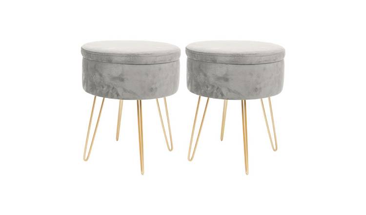 Harbour Housewares Round Velvet Storage Footstools - Grey/Gold - Set of 2