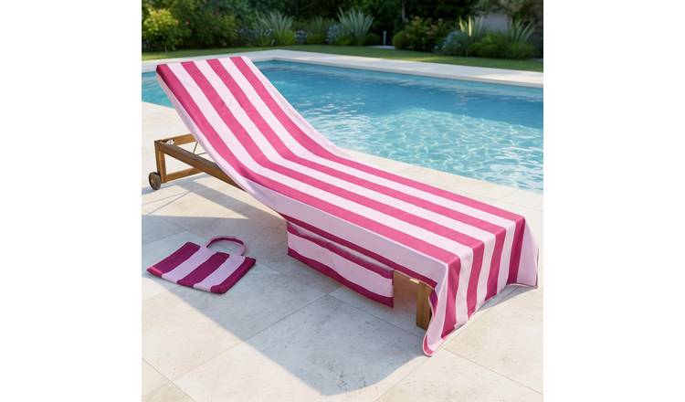 OHS Stripe Microfibre Beach Towel in a Bag - Burgundy/Pink