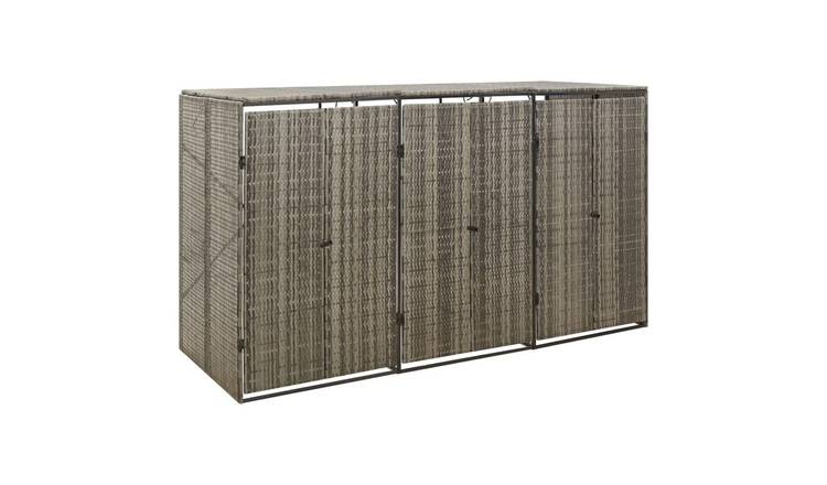 Walplus Triple Poly Rattan Wheelie Bin Store - Grey - 207 x 80 x 117 cm
