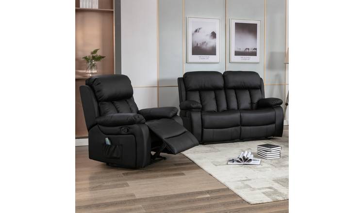 Furniture Online Chester Manual Recliner Leather 1+2 Seater Sofa Set - Black