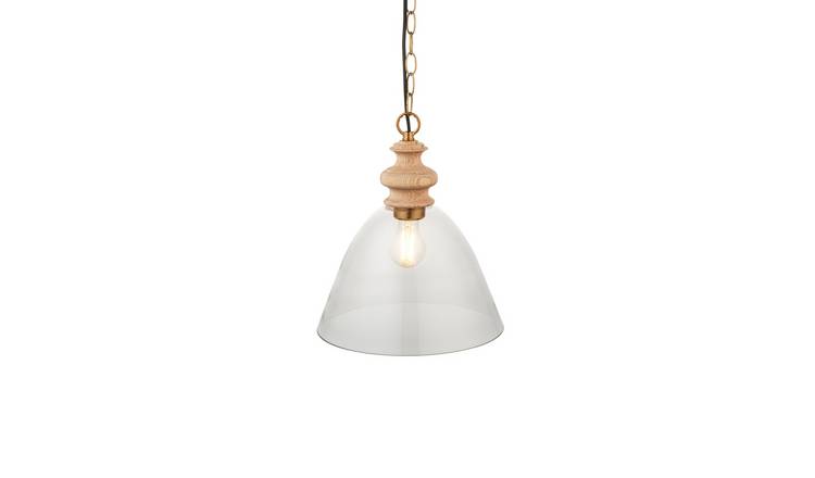 Loops Direct 29cm Ash Wood and Clear Glass Pendant Light - Brushed Aged Brass