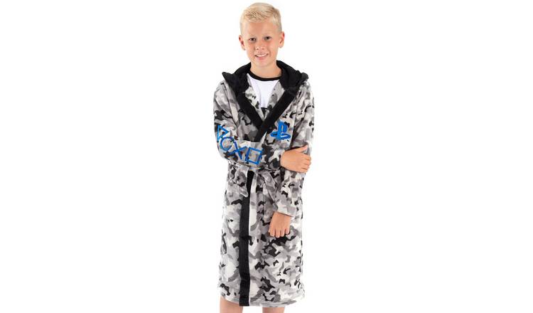 PlayStation Logo Grey Camo Print Kids Boys Bathrobe 5-6 Years - Grey