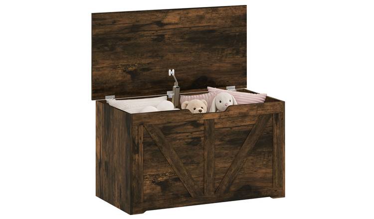 HOMCOM 100L Storage Chest with 2 Safety Hinges and U-Shaped Pull - Rustic Brown