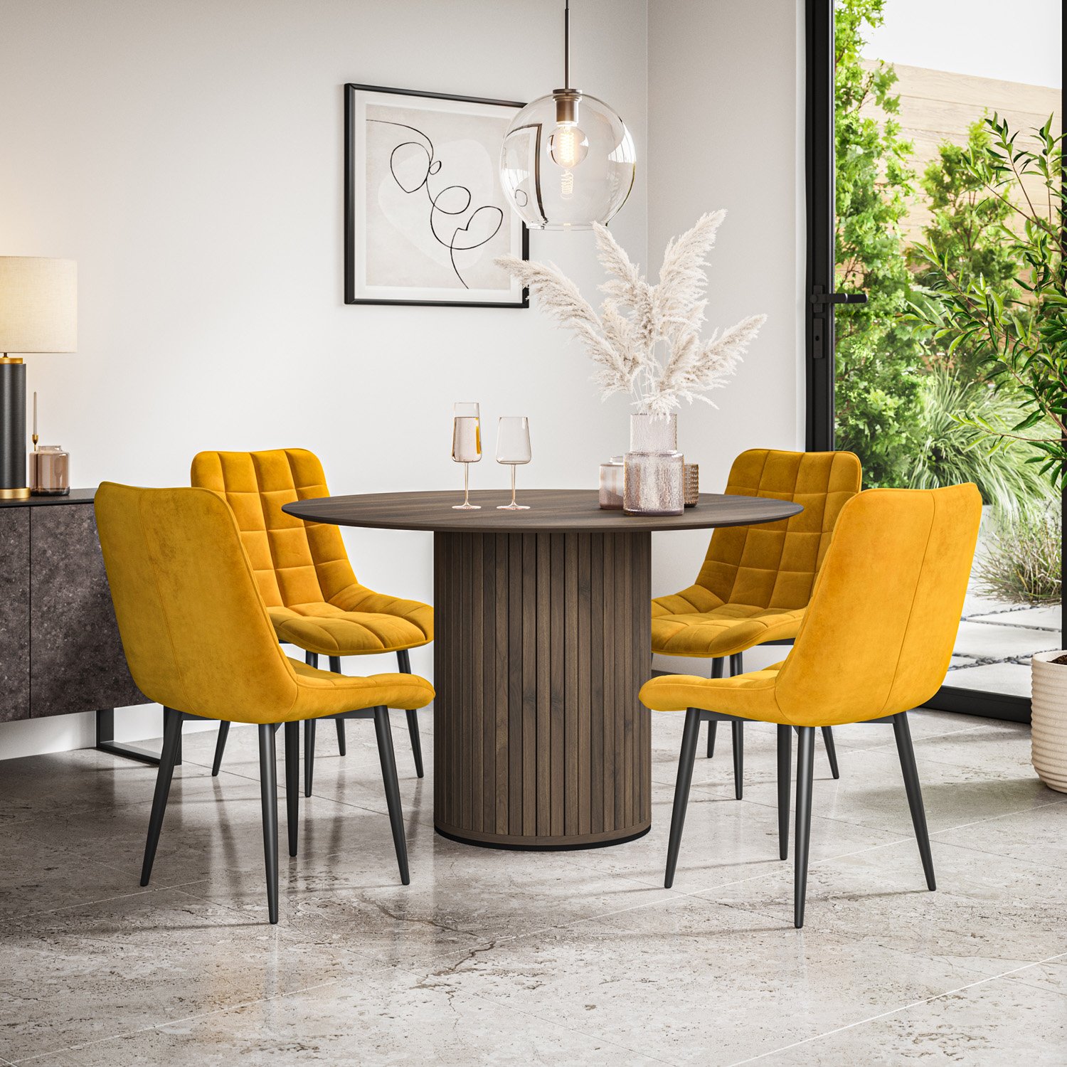 Furniture Online Arlo Nova Walnut Top w Wal Legs Dining Table & 6 Mustard Chairs - Image 1