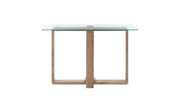 Orsina Barton Glass Top Wood Effect Leg Console Table – Natural