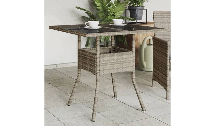 Walplus Poly Rattan Garden Table with Glass Top - Grey - 80 x 80 x 75 cm