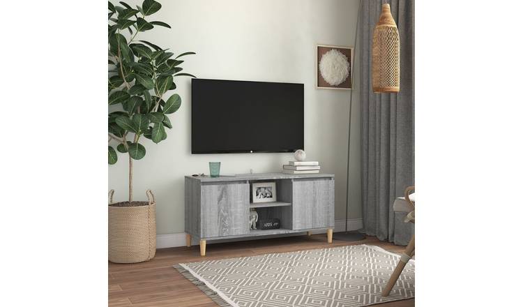 Walplus 2 Compartment Solid Wood TV Cabinet - Grey and Oak - 103.5 x 35 x 50 cm