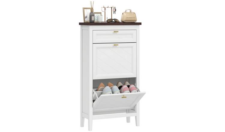 HOMCOM Narrow Shoe Storage Cabinet with Drawers - White
