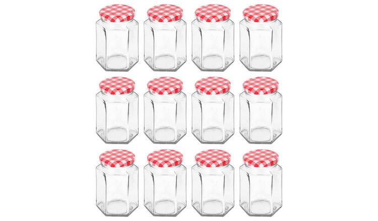 Argon Tableware Hexagonal Glass Jam Jars with Red Gingham Lids- Set of 12