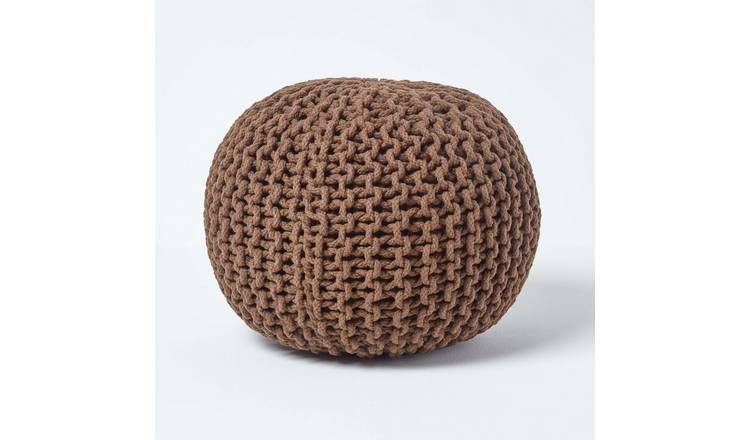 Homescapes Round Cotton Knitted Pouffe Footstool – Chocolate Brown