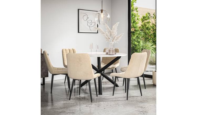Furniture Online Malvern Nova Marble Top Dining Table & 6 Beige Chairs
