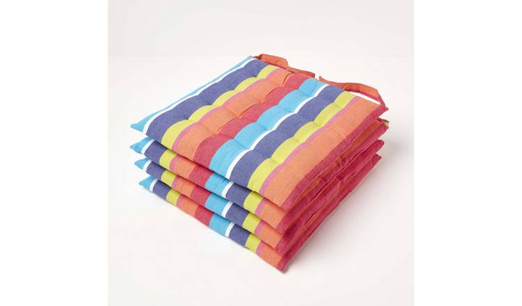 Homescapes Pack of 4 Multicoloured Stripe Seat Pad with Button Straps