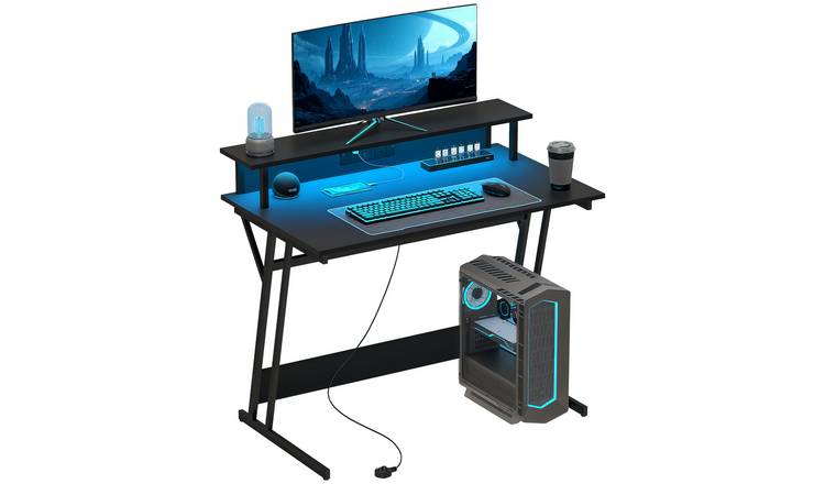 HOMCOM Steel Frame Gaming Desk with Led Lights - Black
