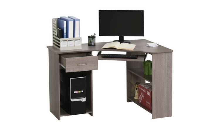 HOMCOM Wooden Corner Computer Desk with Keyboard Tray - Grey