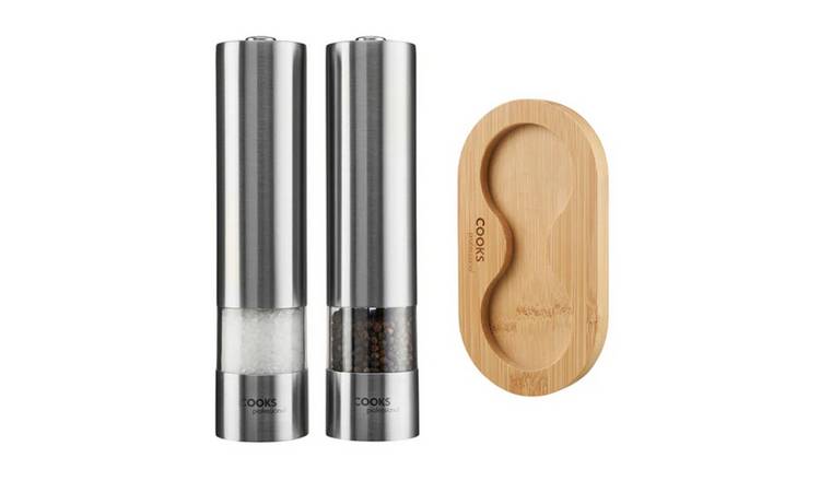 Cooks Professional Electric Salt and Pepper Mill Set with Base - Silver