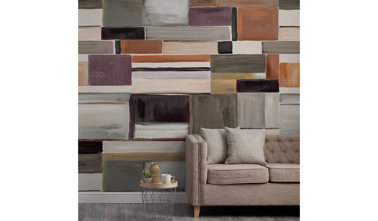 Grandeco Retro Colour Blocks 7 Lane Textured Wallpaper Mural  - Orange