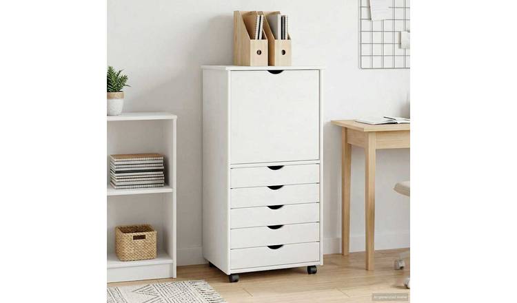 Walplus 5 Drawer Solid Pine Rolling Cabinet - White - 53 x 39 x 103 cm
