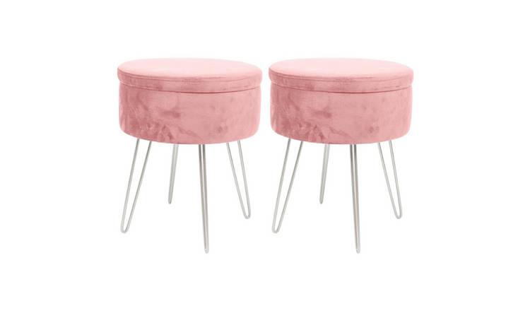 Harbour Housewares Round Velvet Storage Footstools - Pink/Silver - Set of 2