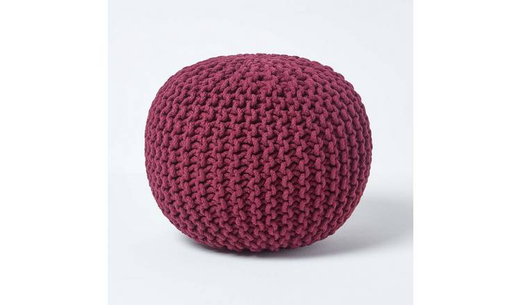 Homescapes Round Cotton Knitted Pouffe Footstool – Plum