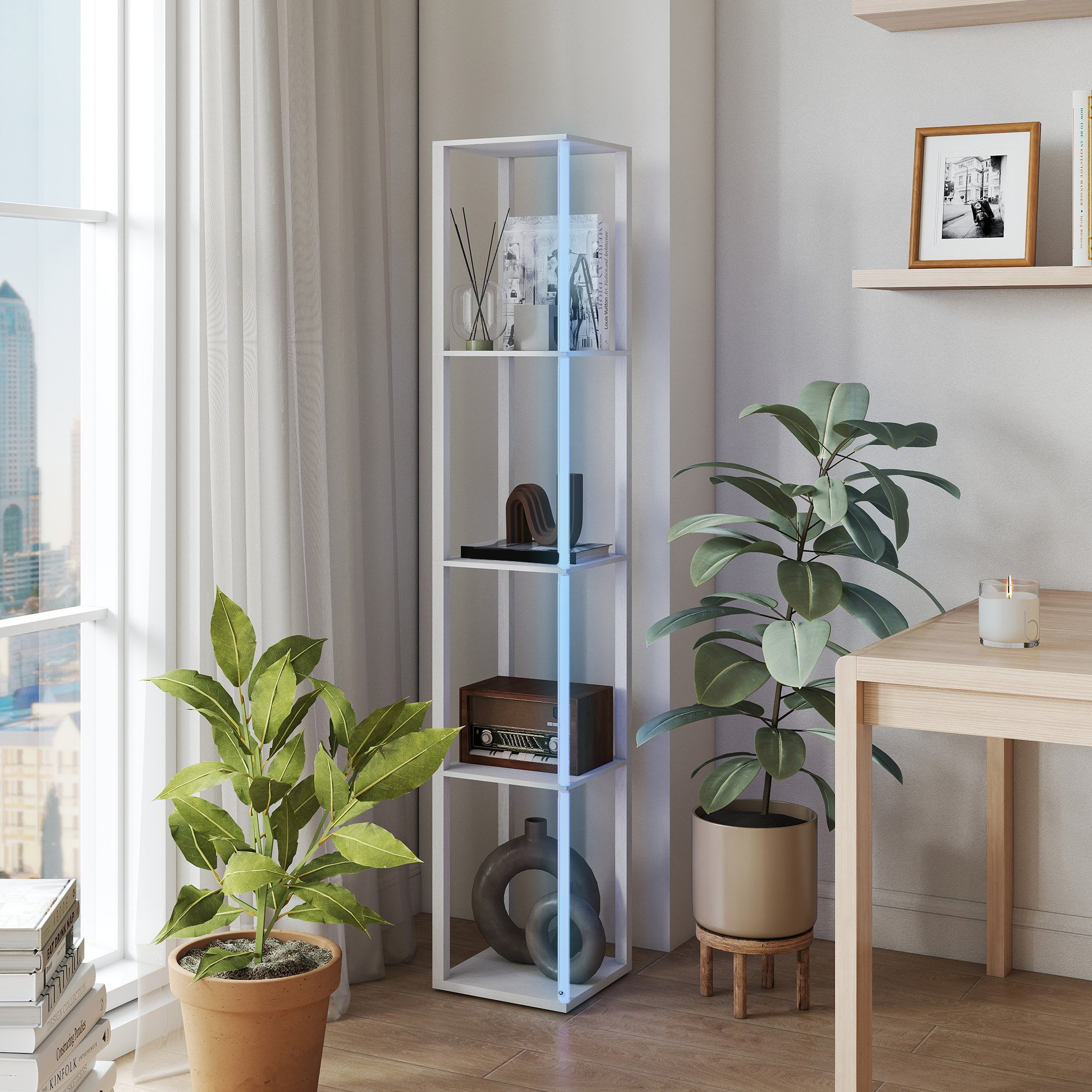 HOMCOM RGB LED Dimmable Shelf Floor Lamp - White - Image 4