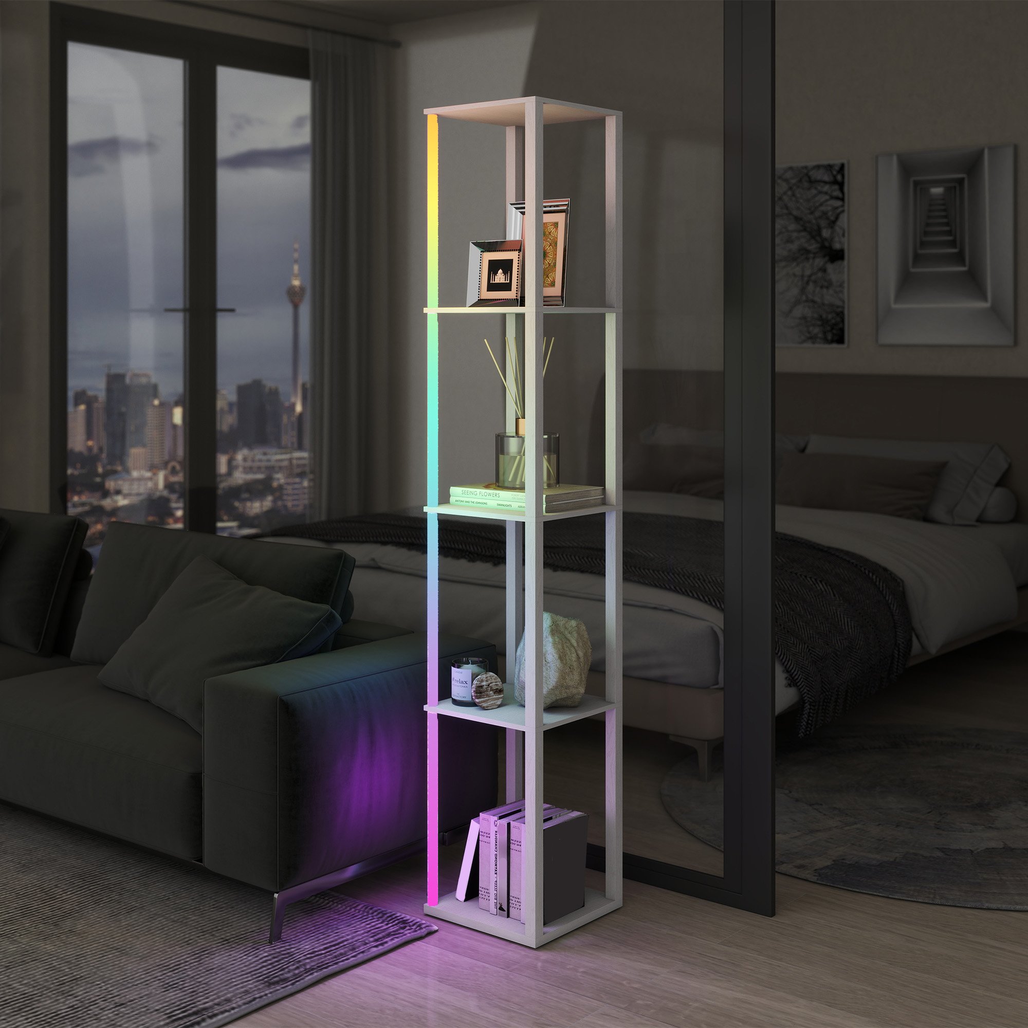 HOMCOM RGB LED Dimmable Shelf Floor Lamp - White - Image 5