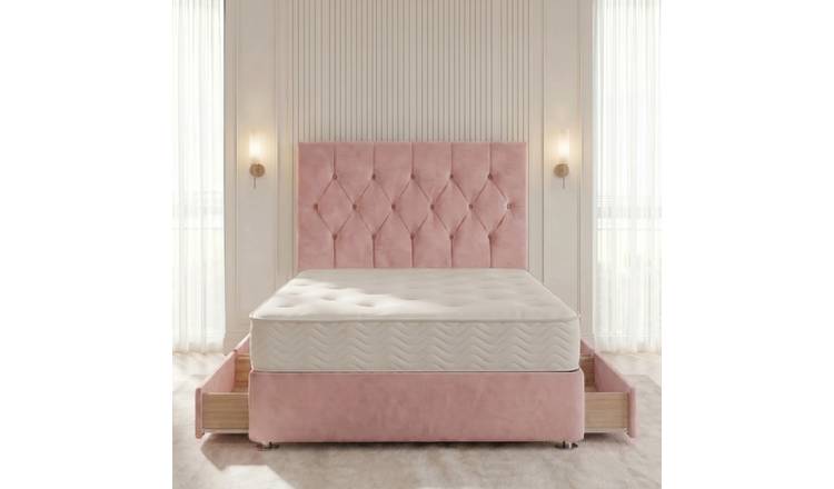 Somnior Chester Velvet Small Double 4 Draw Open Coil Divan Bed Set - Pink