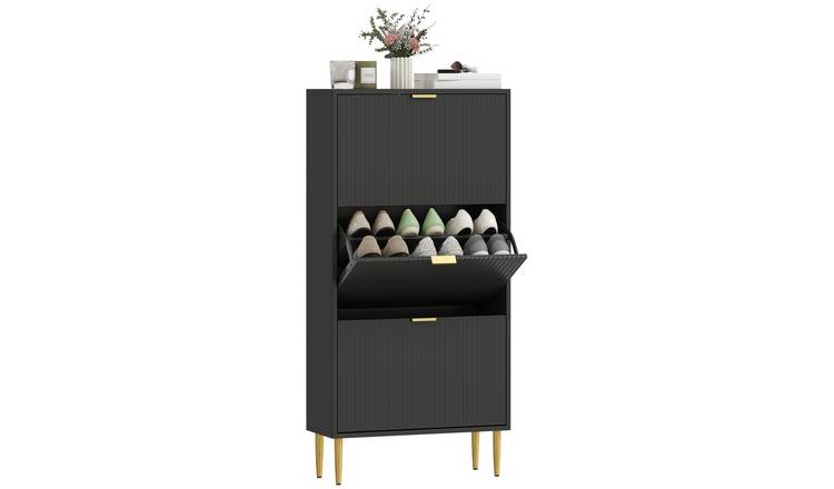 HOMCOM Fluted Shoe Cabinet with 3 Flip Drawers - Black