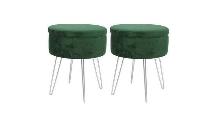 Harbour Housewares Round Velvet Storage Footstools - Green/Silver - Set of 2