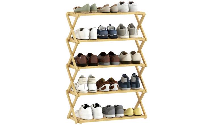 HOMCOM 5 Tier Bamboo Foldable Shoe Shelf - Natural Wood