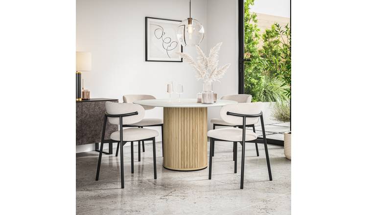 Furniture Online Arlo Myla Marble Top w Oak Legs Dining Table & 6 Beige Chairs