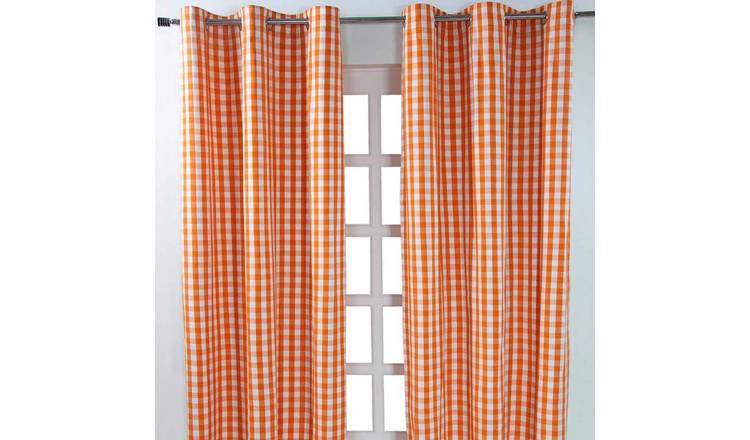 Homescapes Orange Cotton Block Check Gingham Eyelet Curtains - 137cm x 228cm