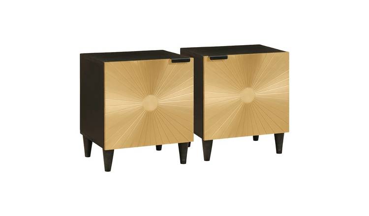 Walplus Pack of 2 Bedside Cabinet - Black and Gold - 40 x 33 x 46 cm