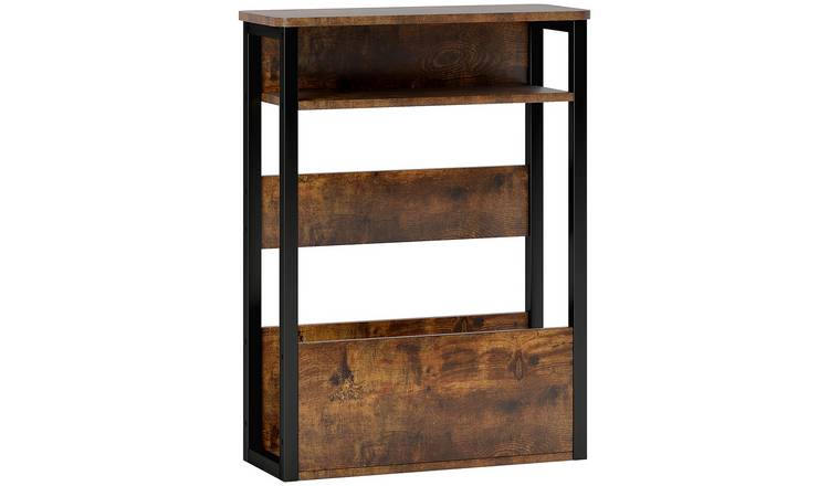 HOMCOM Narrow Side Table with 2 Shelves and Metal Frame - Rustic Brown