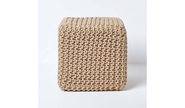 Homescapes Cube Cotton Knitted Pouffe Footstool – Linen