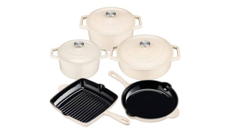 Cooks Professional 5pc Cast Iron Casserole, Frying Pan & Skillet Set - Ivory